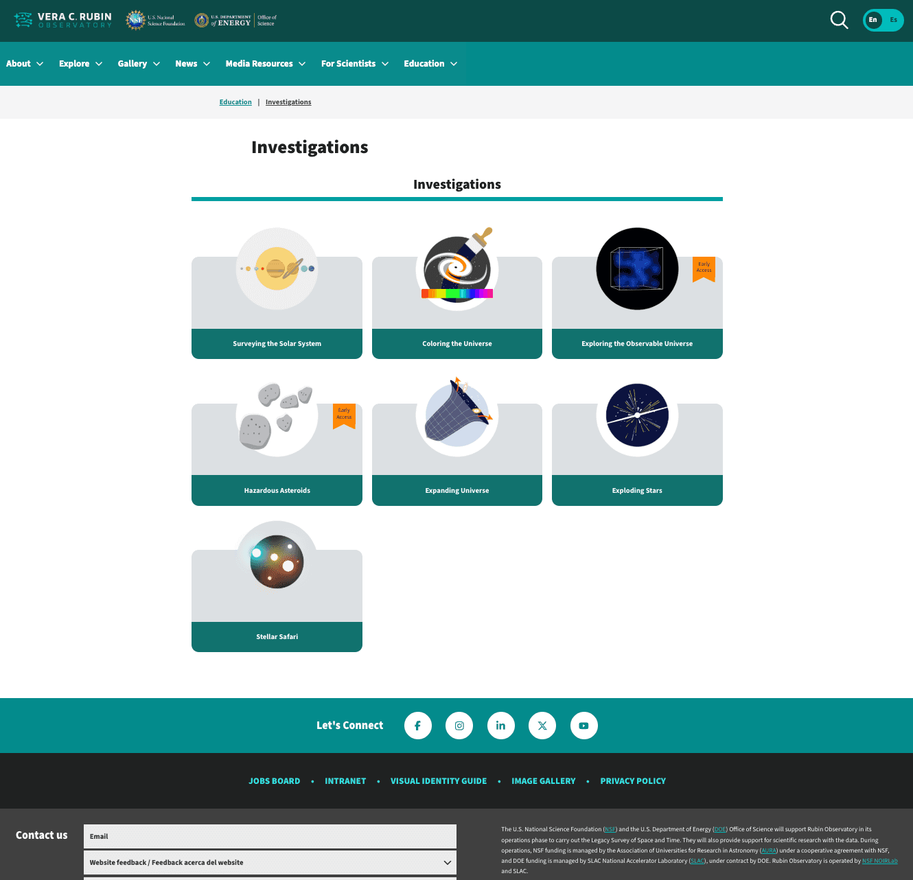 Screenshot of Rubin Observatory Educational Investigations page